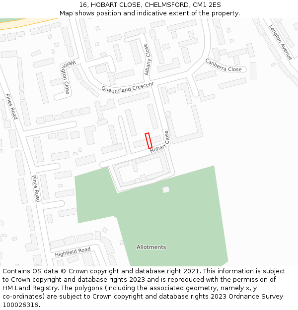 16, HOBART CLOSE, CHELMSFORD, CM1 2ES: Location map and indicative extent of plot