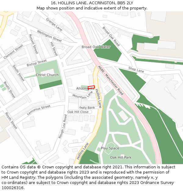 16, HOLLINS LANE, ACCRINGTON, BB5 2LY: Location map and indicative extent of plot