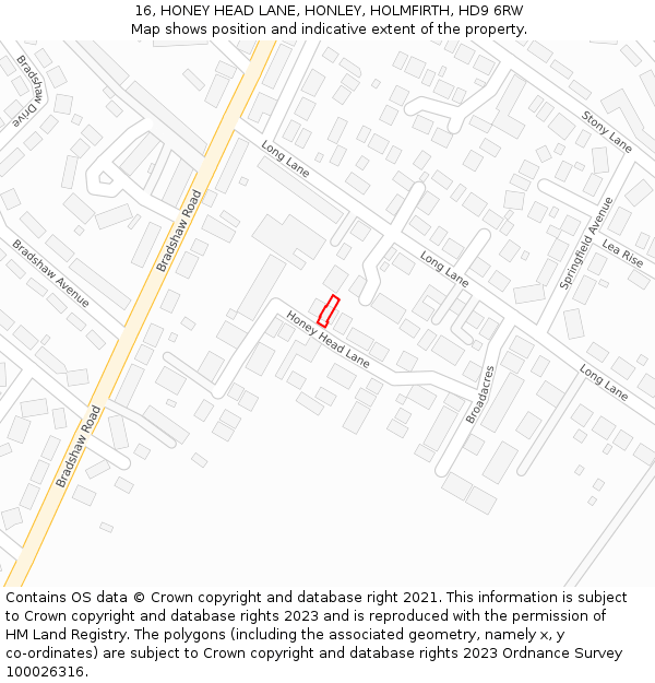 16, HONEY HEAD LANE, HONLEY, HOLMFIRTH, HD9 6RW: Location map and indicative extent of plot