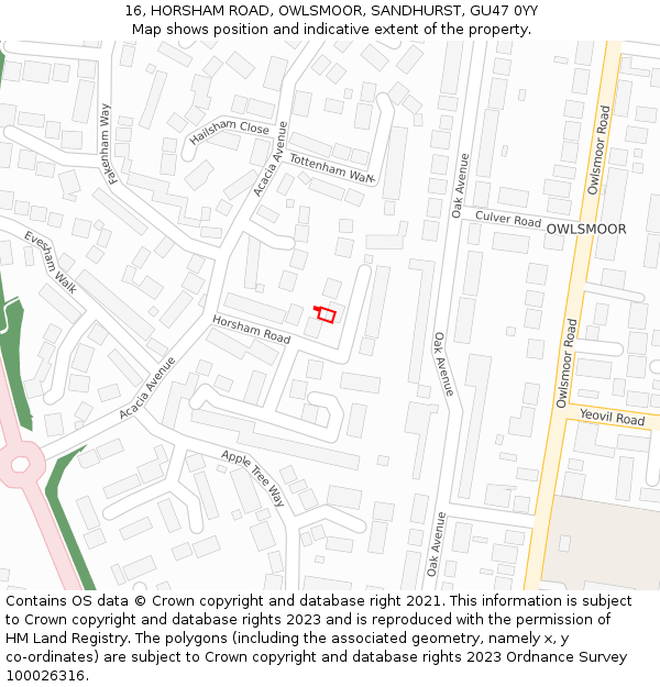 16, HORSHAM ROAD, OWLSMOOR, SANDHURST, GU47 0YY: Location map and indicative extent of plot