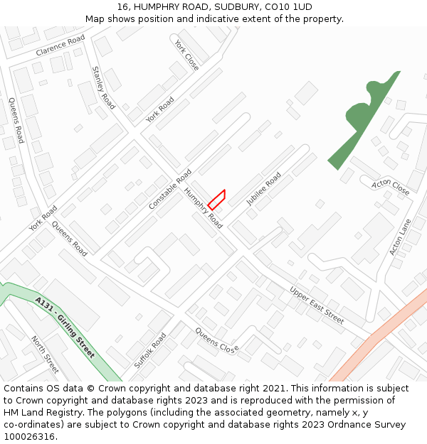 16, HUMPHRY ROAD, SUDBURY, CO10 1UD: Location map and indicative extent of plot