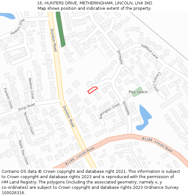 16, HUNTERS DRIVE, METHERINGHAM, LINCOLN, LN4 3XD: Location map and indicative extent of plot