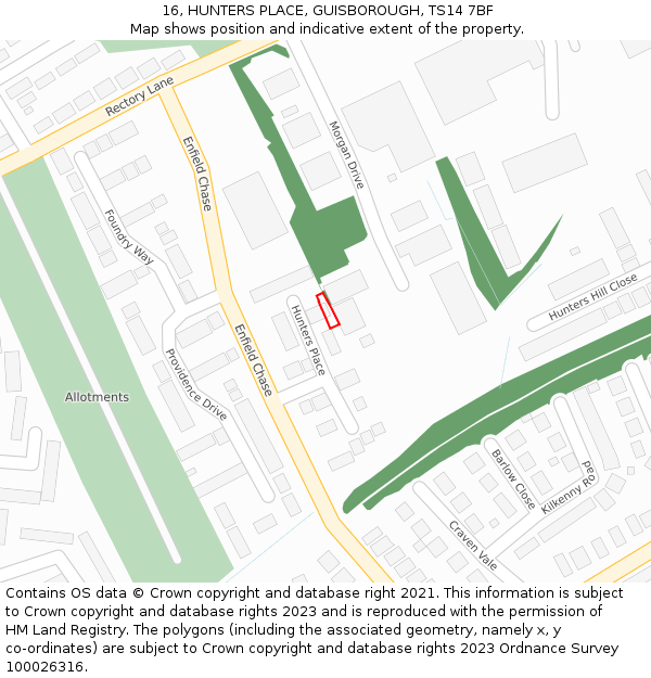 16, HUNTERS PLACE, GUISBOROUGH, TS14 7BF: Location map and indicative extent of plot
