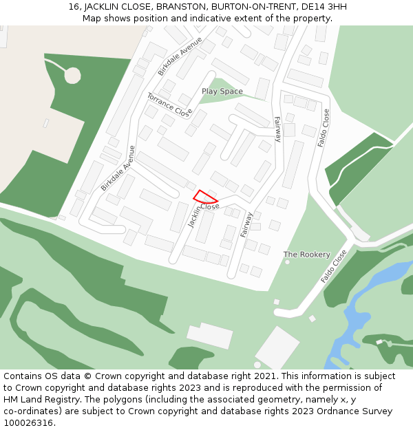 16, JACKLIN CLOSE, BRANSTON, BURTON-ON-TRENT, DE14 3HH: Location map and indicative extent of plot