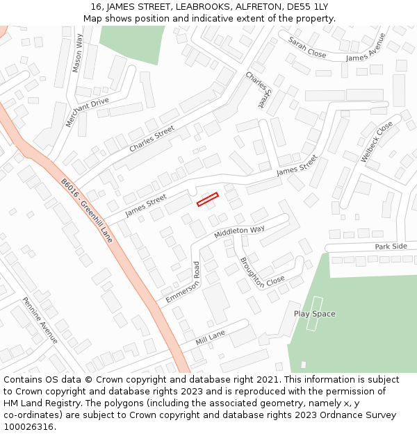 16, JAMES STREET, LEABROOKS, ALFRETON, DE55 1LY: Location map and indicative extent of plot