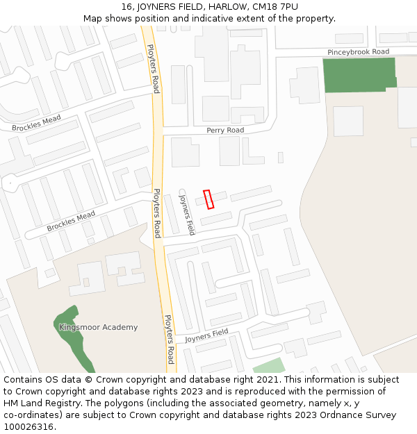 16, JOYNERS FIELD, HARLOW, CM18 7PU: Location map and indicative extent of plot