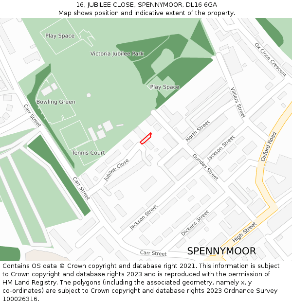 16, JUBILEE CLOSE, SPENNYMOOR, DL16 6GA: Location map and indicative extent of plot