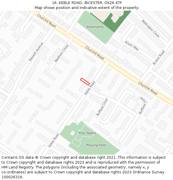 16, KEBLE ROAD, BICESTER, OX26 4TP: Location map and indicative extent of plot