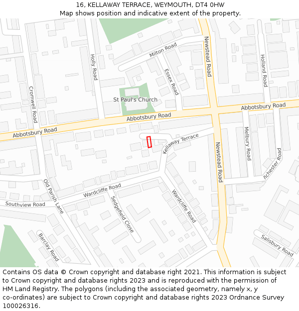 16, KELLAWAY TERRACE, WEYMOUTH, DT4 0HW: Location map and indicative extent of plot