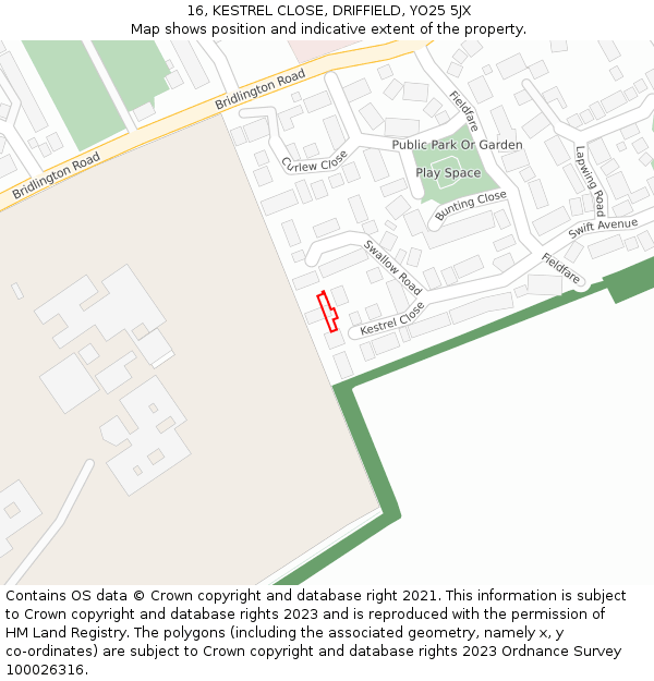 16, KESTREL CLOSE, DRIFFIELD, YO25 5JX: Location map and indicative extent of plot