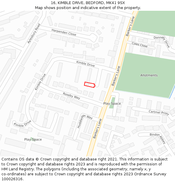 16, KIMBLE DRIVE, BEDFORD, MK41 9SX: Location map and indicative extent of plot