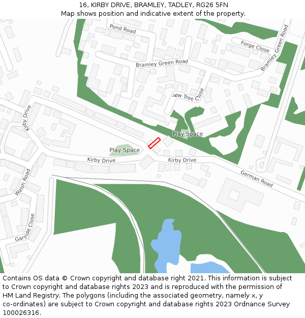 16, KIRBY DRIVE, BRAMLEY, TADLEY, RG26 5FN: Location map and indicative extent of plot