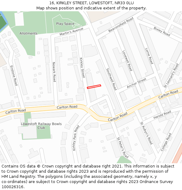16, KIRKLEY STREET, LOWESTOFT, NR33 0LU: Location map and indicative extent of plot