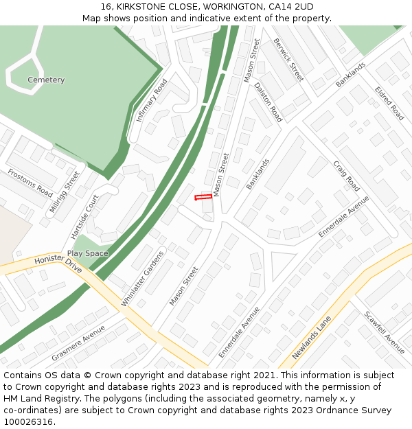 16, KIRKSTONE CLOSE, WORKINGTON, CA14 2UD: Location map and indicative extent of plot