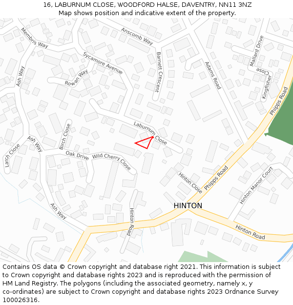 16, LABURNUM CLOSE, WOODFORD HALSE, DAVENTRY, NN11 3NZ: Location map and indicative extent of plot