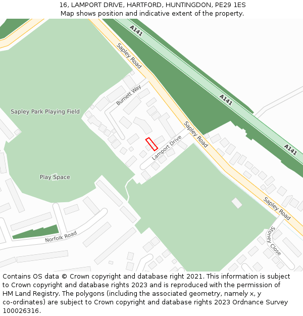 16, LAMPORT DRIVE, HARTFORD, HUNTINGDON, PE29 1ES: Location map and indicative extent of plot