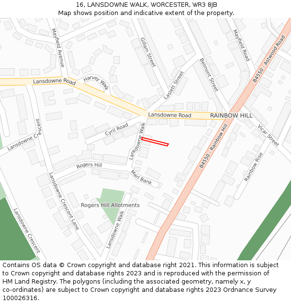 16, LANSDOWNE WALK, WORCESTER, WR3 8JB: Location map and indicative extent of plot