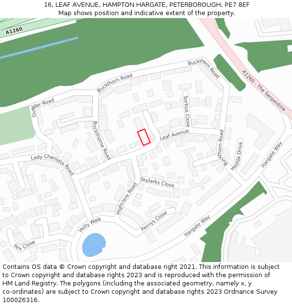 16, LEAF AVENUE, HAMPTON HARGATE, PETERBOROUGH, PE7 8EF: Location map and indicative extent of plot