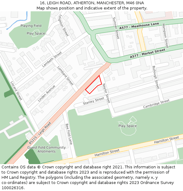 16, LEIGH ROAD, ATHERTON, MANCHESTER, M46 0NA: Location map and indicative extent of plot