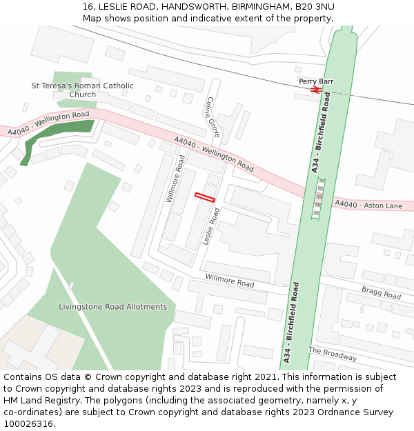 16, LESLIE ROAD, HANDSWORTH, BIRMINGHAM, B20 3NU: Location map and indicative extent of plot