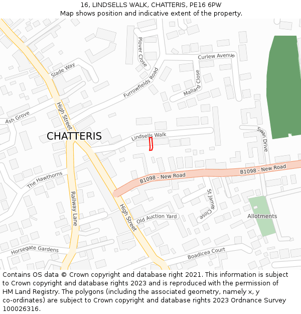 16, LINDSELLS WALK, CHATTERIS, PE16 6PW: Location map and indicative extent of plot