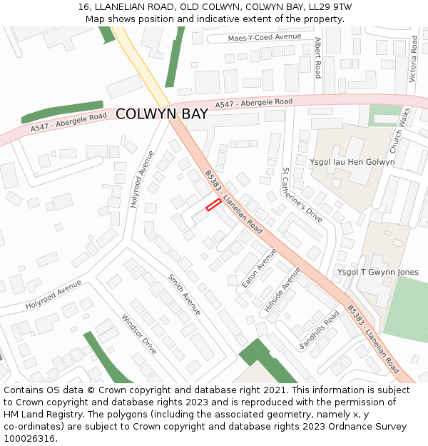 16, LLANELIAN ROAD, OLD COLWYN, COLWYN BAY, LL29 9TW: Location map and indicative extent of plot