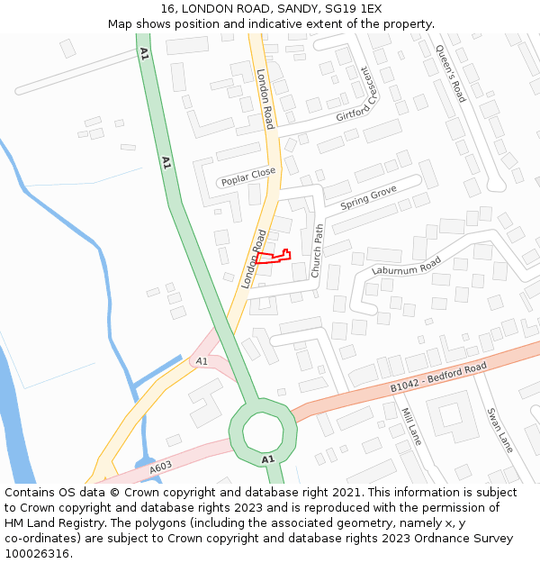 16, LONDON ROAD, SANDY, SG19 1EX: Location map and indicative extent of plot