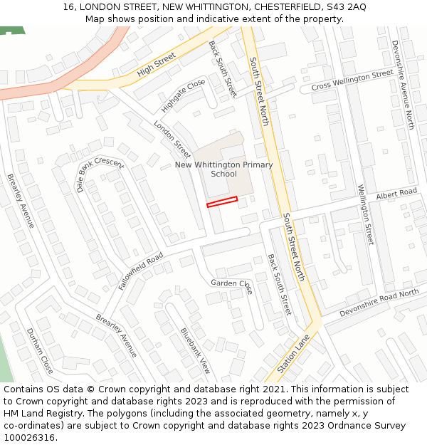 16, LONDON STREET, NEW WHITTINGTON, CHESTERFIELD, S43 2AQ: Location map and indicative extent of plot