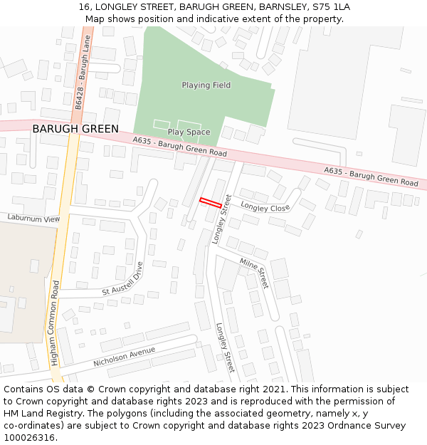 16, LONGLEY STREET, BARUGH GREEN, BARNSLEY, S75 1LA: Location map and indicative extent of plot