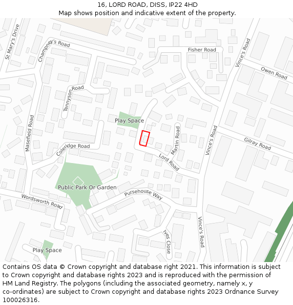 16, LORD ROAD, DISS, IP22 4HD: Location map and indicative extent of plot
