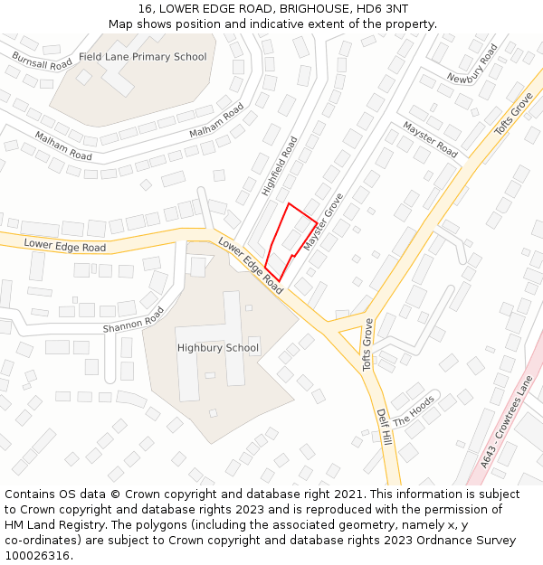 16, LOWER EDGE ROAD, BRIGHOUSE, HD6 3NT: Location map and indicative extent of plot