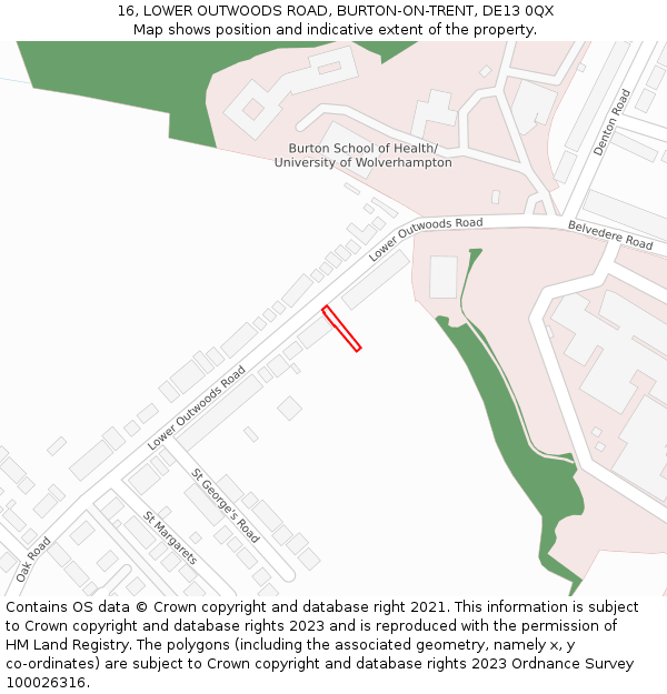 16, LOWER OUTWOODS ROAD, BURTON-ON-TRENT, DE13 0QX: Location map and indicative extent of plot