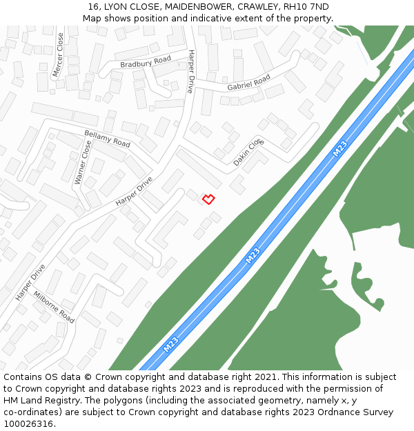 16, LYON CLOSE, MAIDENBOWER, CRAWLEY, RH10 7ND: Location map and indicative extent of plot