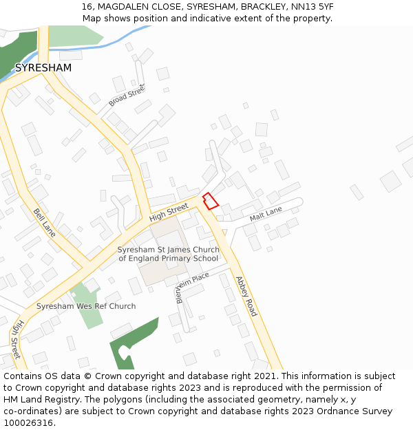 16, MAGDALEN CLOSE, SYRESHAM, BRACKLEY, NN13 5YF: Location map and indicative extent of plot