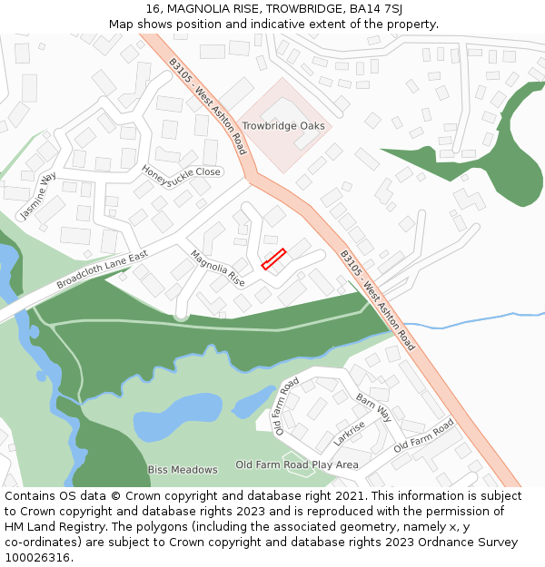 16, MAGNOLIA RISE, TROWBRIDGE, BA14 7SJ: Location map and indicative extent of plot