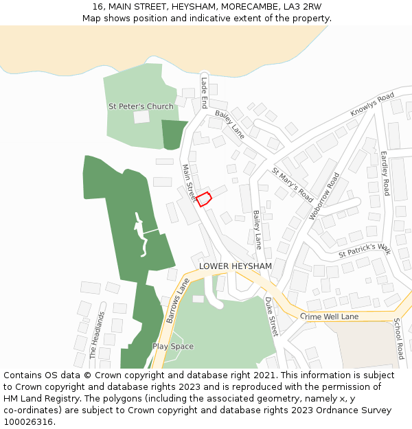 16, MAIN STREET, HEYSHAM, MORECAMBE, LA3 2RW: Location map and indicative extent of plot