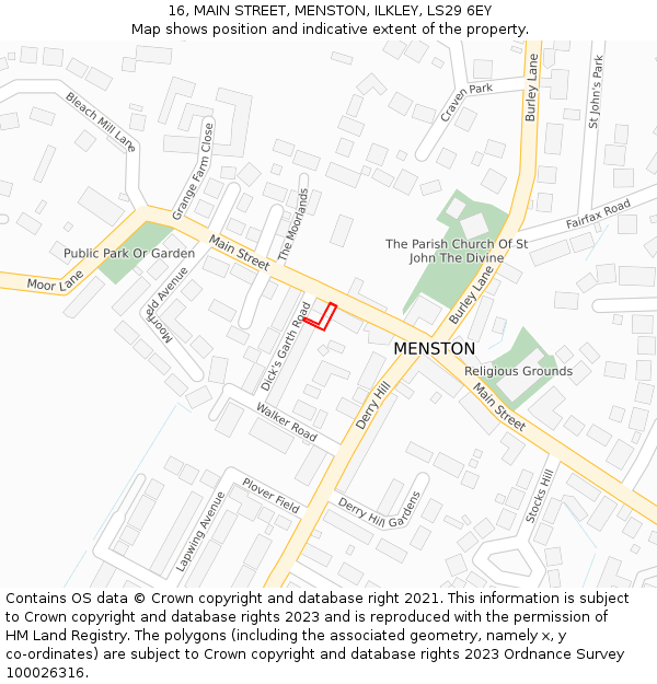 16, MAIN STREET, MENSTON, ILKLEY, LS29 6EY: Location map and indicative extent of plot