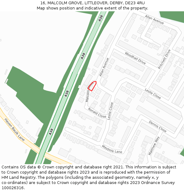 16, MALCOLM GROVE, LITTLEOVER, DERBY, DE23 4RU: Location map and indicative extent of plot