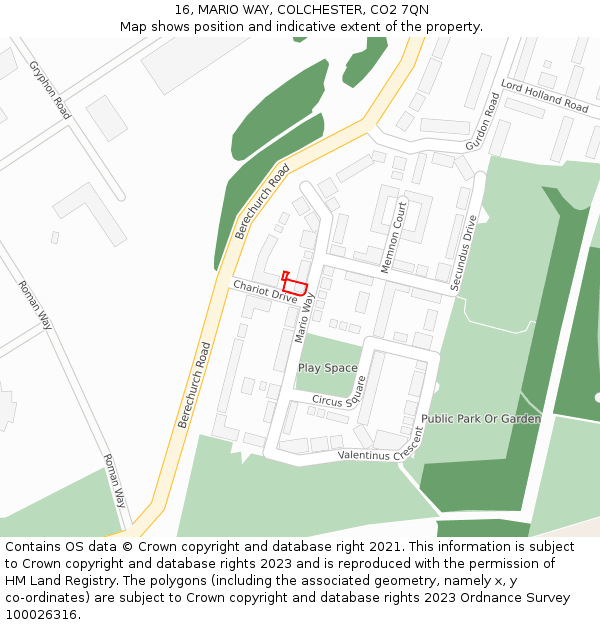 16, MARIO WAY, COLCHESTER, CO2 7QN: Location map and indicative extent of plot