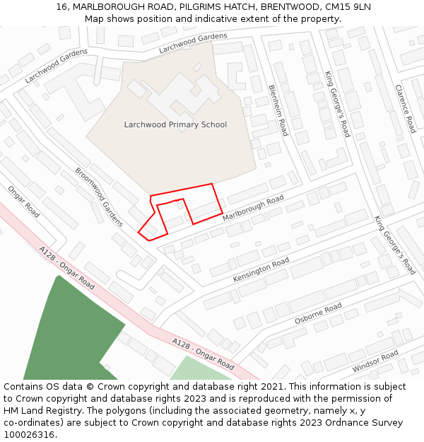 16, MARLBOROUGH ROAD, PILGRIMS HATCH, BRENTWOOD, CM15 9LN: Location map and indicative extent of plot
