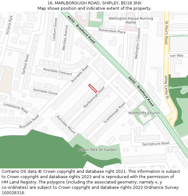 16, MARLBOROUGH ROAD, SHIPLEY, BD18 3NX: Location map and indicative extent of plot