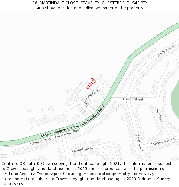 16, MARTINDALE CLOSE, STAVELEY, CHESTERFIELD, S43 3TY: Location map and indicative extent of plot