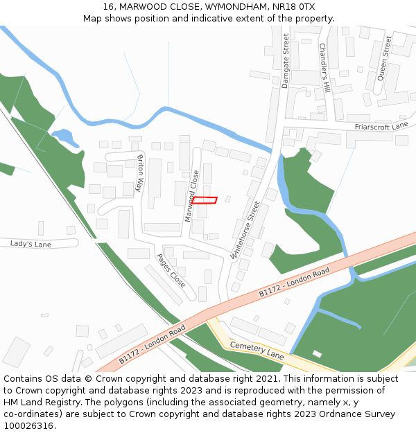 16, MARWOOD CLOSE, WYMONDHAM, NR18 0TX: Location map and indicative extent of plot