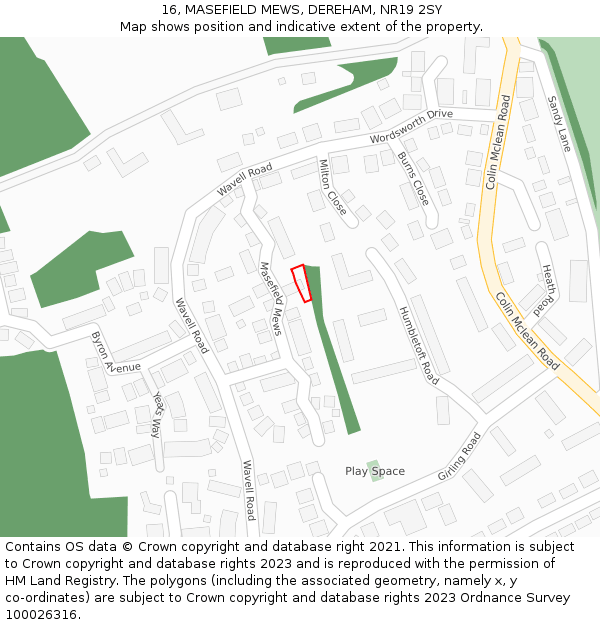 16, MASEFIELD MEWS, DEREHAM, NR19 2SY: Location map and indicative extent of plot