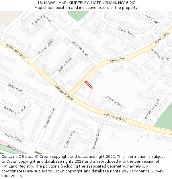 16, MAWS LANE, KIMBERLEY, NOTTINGHAM, NG16 2JG: Location map and indicative extent of plot