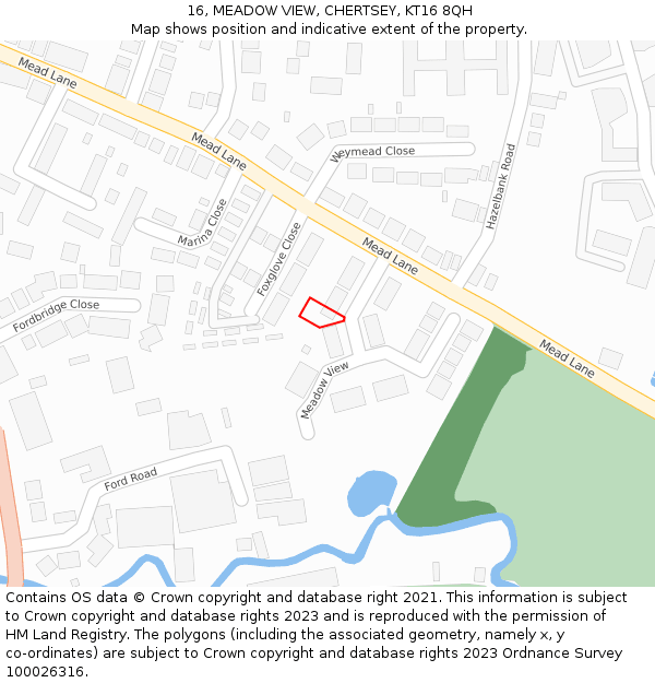 16, MEADOW VIEW, CHERTSEY, KT16 8QH: Location map and indicative extent of plot