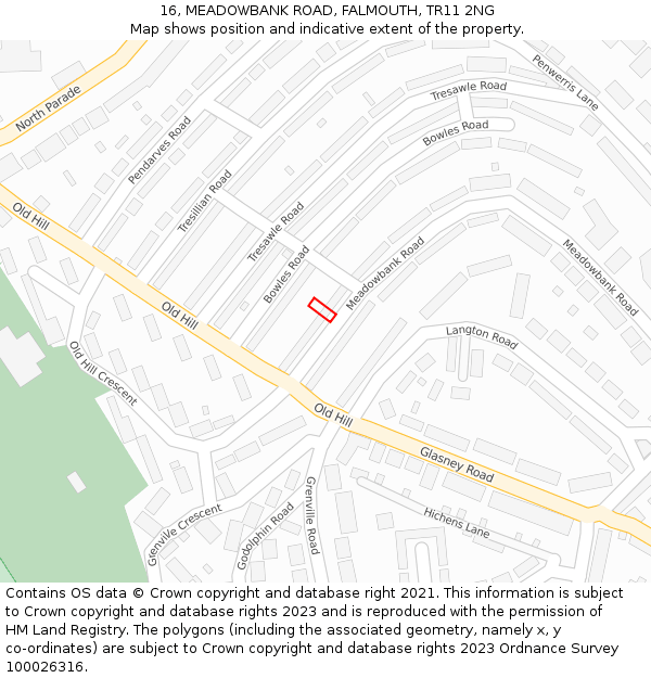 16, MEADOWBANK ROAD, FALMOUTH, TR11 2NG: Location map and indicative extent of plot
