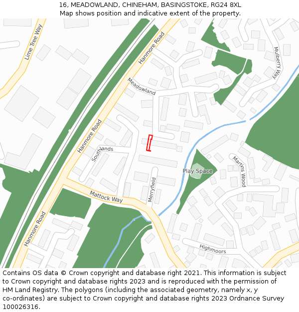16, MEADOWLAND, CHINEHAM, BASINGSTOKE, RG24 8XL: Location map and indicative extent of plot
