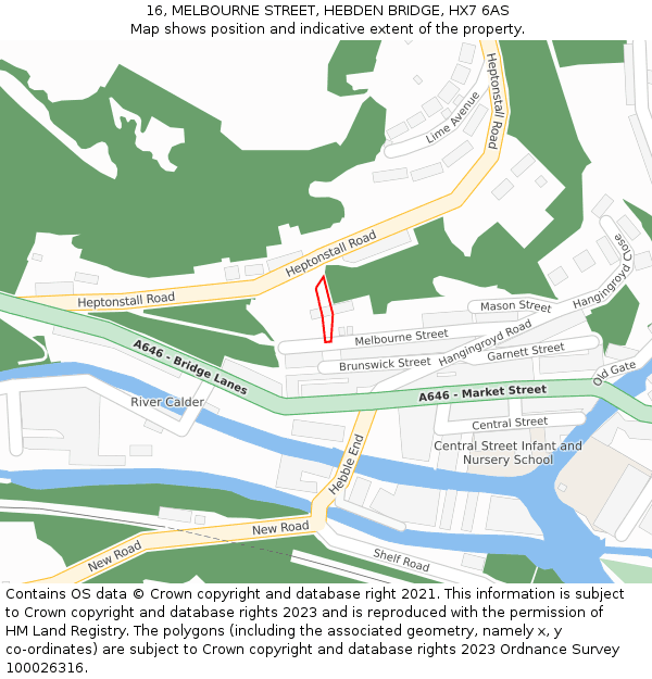 16, MELBOURNE STREET, HEBDEN BRIDGE, HX7 6AS: Location map and indicative extent of plot