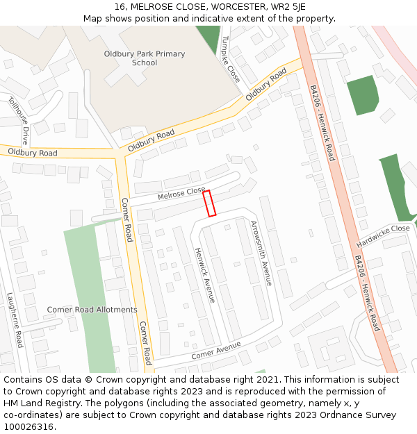 16, MELROSE CLOSE, WORCESTER, WR2 5JE: Location map and indicative extent of plot